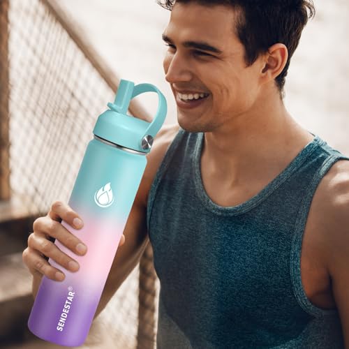 Image of SENDESTAR Water Bottle 40oz Double Wall Vacuum Insulated Leak Proof Stainless Steel Sports Water Bottle-Wide Mouth with New Flex Straw Lid & Spout Lid (Hydrangea)