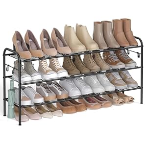 SONGMICS Shoe Rack, 3-Tier Shoe Organizer, Metal Shoe Shelf Storage with 4 Side Hooks, Holds 18 Pairs of Shoes, Height-Adjustable Shoe Rack for Entryway, Hallway, Closet, Easy Assembly, Ink Black