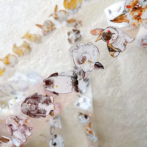 Seahorse Forest Vol6 A34 Cute Rabbit Ji, Pre-Cut Kawaii Thin Clear PET Washi Tape Stickers, diseño original, para diario, álbum de recortes, planificador, suministros para álbumes de recortes,