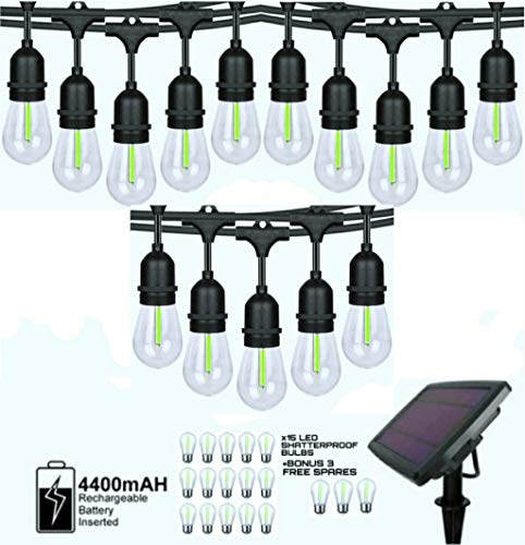 Helius Cafe Pros | Festoon 48FT Outdoor String Lights Solar Powered Waterproof LED Patio Lights | 15 Hanging LED Bulbs Heavy Duty Backyard Bistro Pergola Lights for Garden | UL Listed + 3 Spare Bulbs