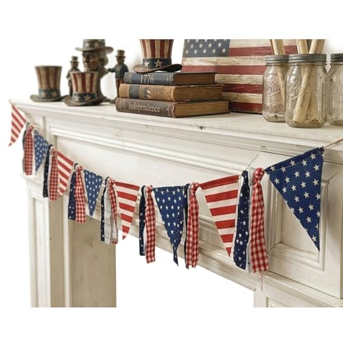 FunAcce 4th of July Garland Decorations Red White Blue Stars Banner for Fireplace Mantel Independence Day Memorial Day Farmhouse Decor