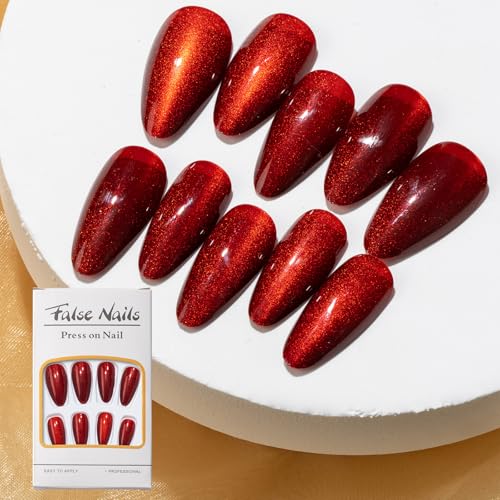 Image of 24 Pcs Press On Nails, Fake Nails For Girls, Cherry Red Cat Eye Press On Nails Kit, Glossy Nail Extensions For Women, Quick Fix For Festivals & Special Occasions