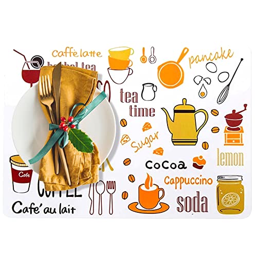 Image of YELONA Rectangular PVC Vinyl Non-Slip Insulation Heat-Resistant & Waterproof Stain Resistant Washable Placemat for Dining & Kitchen Table-(White & Orange,Set of 6)