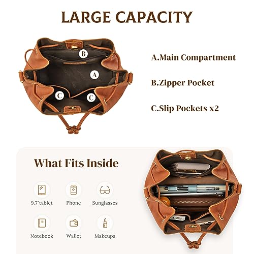 Image of S-ZONE Genuine Leather Purses for Women Crossbody Drawstring with 2 Straps | Top Grain Leather, Bucket Bags Crossbody Shoulder Top Handle, Multi Pockets, Vintage Casual, Travel Everyday