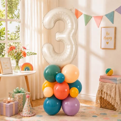 Image of 40 Inch Boho Rainbow Number 3 Balloon Tower for 3rd Birthday Decorations
