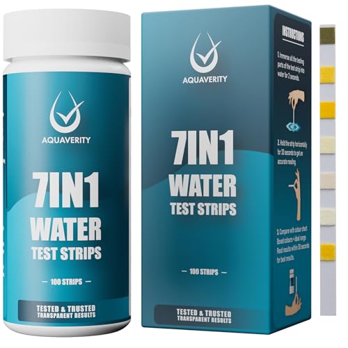 AQUAVERITY Strisce di prova per spa, 100 strisce reattive per piscina, spa per alcalinità totale, durezza, cloro libero, bromo, pH, acido cianurico e cloro totale, kit di test 7 IN 1 POOL