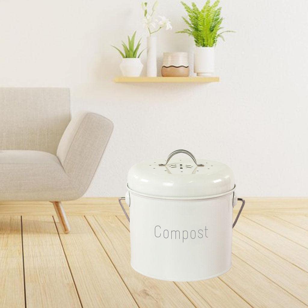 Compostador de Cocina con Asa, a Prueba de Fugas, con Filtro de Carbón Metálico Y Tapa Extraíble, Apto para Residuos de Cocina Y del Hogar, Blanco lechoso