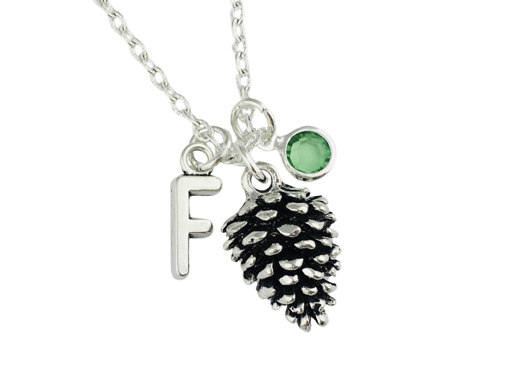 Personalised Pinecone Necklace, sterling silver or silver plated chain initial birthstone crystal, Botanical jewellery nature woodland forest gift wood fall autumn harvest garden gardener