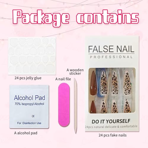 Long Stiletto Press on Nails Fall Brown Fake Nails with Design Leopard Print Full Cover False Nails Artificial Glue on Nail Acrylic Nails for Women 24 Pcs Holiday Manicure — view 4