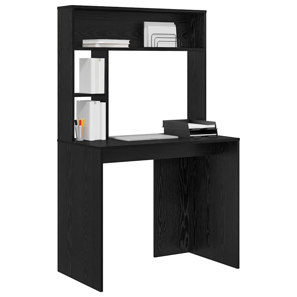 Scrivania con mensola, colore nero, effetto rovere, 91 x 50 x 149 cm, materiale in legno, moderna scrivania per computer per casa, ufficio, giochi, apprendimento, con spazio di archiviazione