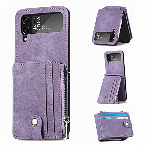 TopFunny Cases for Galaxy Z Flip 3 Wallet Case with Card Holder Retro 2 in 1 Detachable Zipper Flip Wallet Kickstand Premium PU Leather Protective Cover for Samsung Galaxy Z Flip 3 5G 2021 Purple