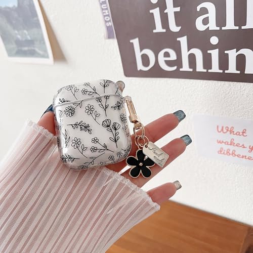 Image of MINSCOSE Compatible with AirPod 1&2 Clear Case,Cute Flower Floral Aesthetic Design with Flowers Keychain, Soft TPU Protective Shockproof Case for Women Girl for Airpod 1&2-Black