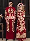 Yellcn Chinese Wedding Suit Qipao Style Dress Cheongsam,Couple Xiuhe Hanfu Tang Suit Top Skirt Costume (Color : RedMen, Size : Large)