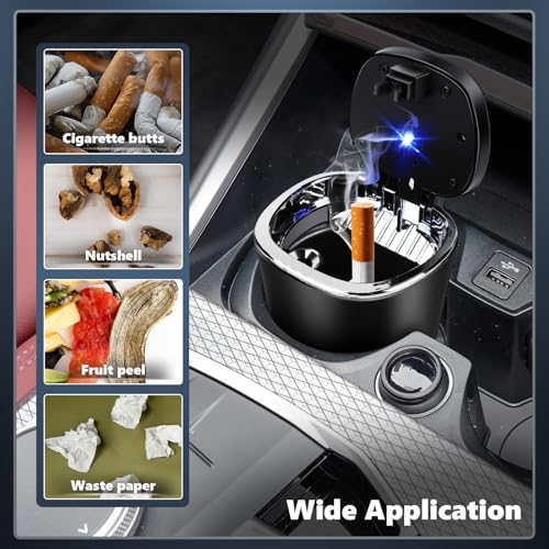 Image of Car Ashtray with Lid, Smell Proof Mini Car Trash Can, Detachable Stainless Steel Ashtray with LED Blue Light, Universal Interior Accessories for Cars, Trucks, SUVs
