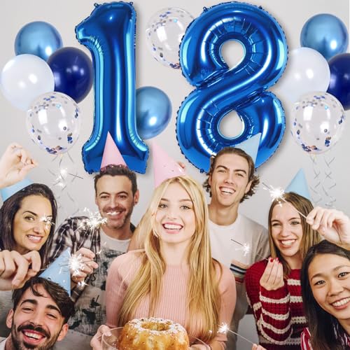 Image of Navy Blue 18 Balloons, 40 Inch Dark Blue Foil Number 18 Balloon Set, XXL Self Inflating 18 Helium Balloon with Metallic Blue Silver Confetti Balloon for Men 18th Birthday Anniversary Party Decorations