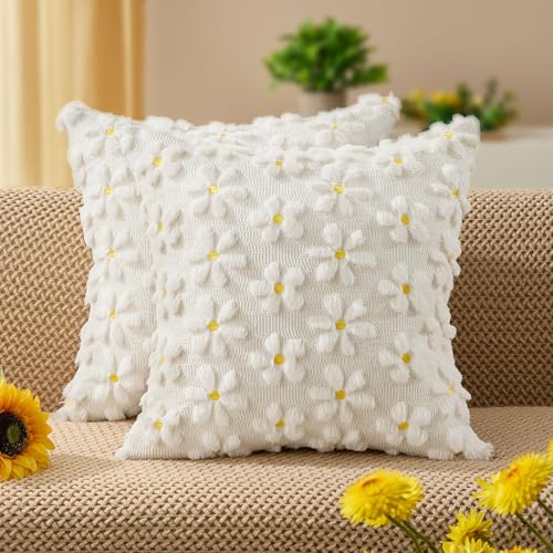 Image of DFXSZ Spring Summer Pillow Covers 18x18 inch Set of 2 White Daisy | Farmhouse Decor Soft Plush Faux Fur Jacquard Throw Pillow Covers|For Spring Holiday Sofa Home Decor