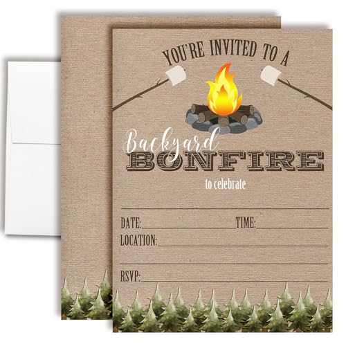Amanda Creation Bonfire Invitations, 20 Pack 5x7 Fill-In Cards with Envelopes, Backyard Bonfire Party Invitations, Campfire Invites Design