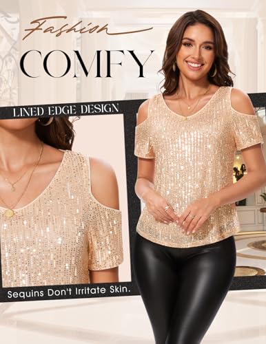 DRESSTELLS Sequin Tops for Women Sparkly Glitter Shirts Cold Shoulder V Neck Blouses Party Tanks Club Concert Fall Blouses4