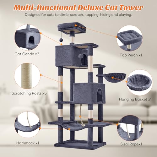 Image of Sweetcrispy 66 Inch Cat Tree Tower, Multi Level Cat Climbing Tower with Natural Sisal Scratching Posts, Hammock, Pet Condo for Indoor Cats and Kittens Play, Dark Grey