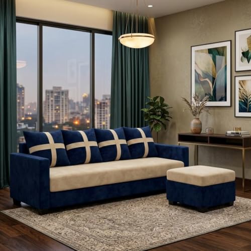 Image of Caviriq 5 Seater L Shape Sofa Set with Movable Ottoman | Flexible Layout | Luxury Velvet Suede Fabric | Modern Living Room Sofa | Dark Blue-Cream