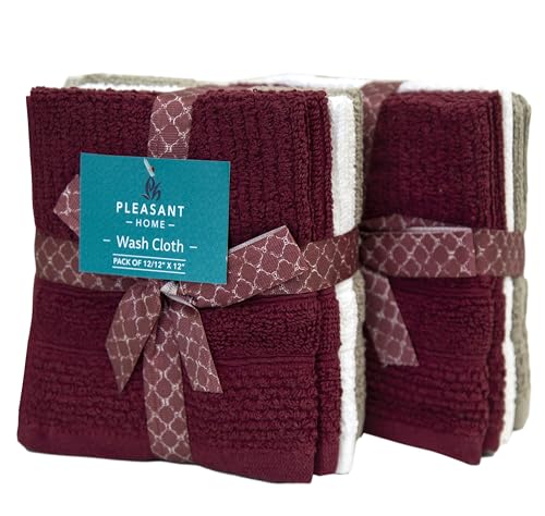 Image of PH Pleasant Home Ribbed Wash Cloths Set - 12 Pack (12 inch x 12 inch) - 509 GSM - 100% Ring Spun Cotton Wash Cloth - Super Soft and Highly Absorbent Face Towels (Maroon, White & Tan)