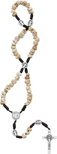 Miniatura 2 de Rosario de cuentas de piedra con cuentas de San Benito de nuestro padre, centro y crucifijo, en caja, información de San Benito incluida, Piedra