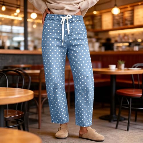 Pull On Sweatpant Jeans Women Polka Dot Barrel Pants Drawstring Denim Pants - image 2