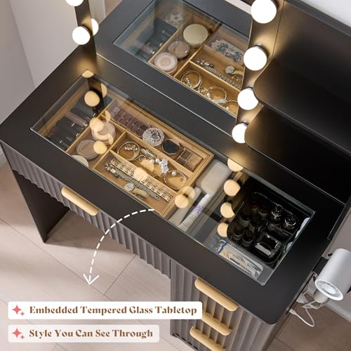 Image of AMERLIFE 36.2 inch Fluted Vanity Desk with Mirror and Adjustable LED Lights, Large 4 Drawers Makeup Table with Glass Top and Charging Station for Women and Girls, Bedroom or Dorm, Black