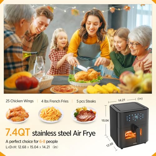 Vexon 7.4Qt Stainless Steel Air Fryer,1500W 8-In-1 Non Stick Large Air Fryer With See-Through Window,Dishwasher Safe And Family Size,140℉-400℉ Touch Screen For French Fries,Chicken thumb #5
