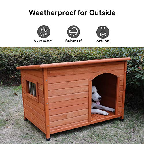ROCKEVER Wooden Dog Houses for Large Dogs Outside, Large Dog House Outdoors Weatherproof with Door Insulated Autumn Blonde
