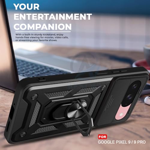 Image of AESTMO Tough Armor Google Pixel 9 /9 Pro Bumper Back Case Cover | Ring Holder & Sliding Camera Shield Cover | 360 Degree Protection Back Case Cover for Google Pixel 9 /9 Pro (Black)