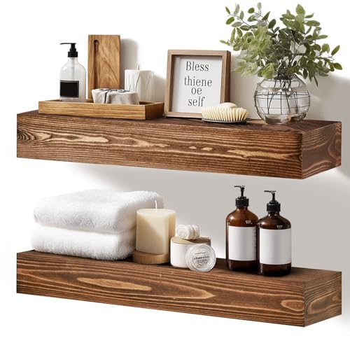 YLYHSST Estantes flotantes de 17 x 3 x 7 pulgadas montados en la pared, juego de 2 estantes de pared de madera maciza rústica color marrón, estantes de almacenamiento decorativos resistentes para sala