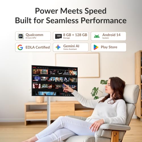 27-Inch Smart Portable TV on Wheels | Built-in 14-16H Battery | Qualcomm Snapdragon, 8+128GB Android 14 OS | EDLA Touch Screen, 13 MP Camera, Full Swivel Rotation, Remote & Voice Control - Image 5