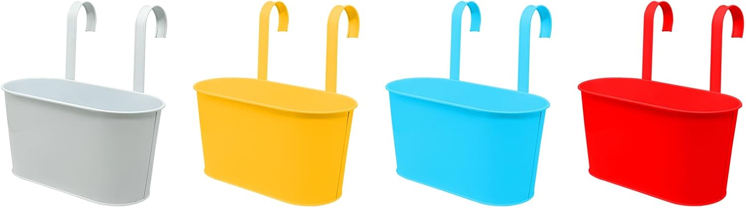 DAHO Oval Metal Railing Hanging Planter, Hanging Flower Plant Pot, Bucket with Hook, Indoor or Outdoor, Graden, Patio, Decoration, Yard… (4pc, Multi Color)