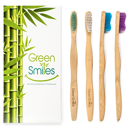 Natural Organic Bamboo Toothbrush - Biodegradable Wood Soft BPA Free with Colored Bristles - Kids and Adults - Pack of Four - By Green Smiles