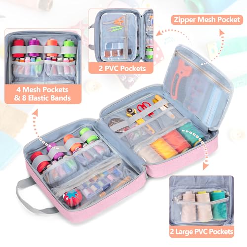Image of LUXJA Sewing Storage Organizer with Folio Open Design, Sewing Organizer Bag with Versatile Pockets for Sewing Kits, Pink