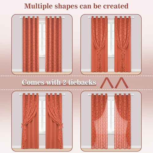 Image of Yinhua Terracotta Curtains for Living Room Double Layer Curtain with Sheer Overlay Farmhouse Blackout Curtains for Bedroom 63 Inch Length, Grommet Drapes with Tiebacks, 2 Panels
