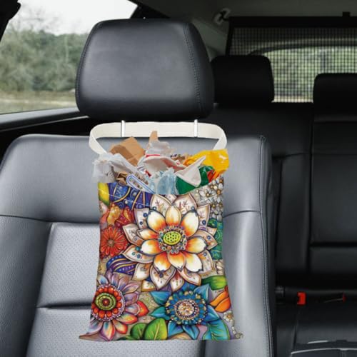Image of Lotus Mandala Car Trash Bag Hanging Car Garbage Bag With Snap Buttons Cute Car Back Seat Trash Bag Portable Garbage Can for Car Interior Hanging Car Accessories Travel Camping