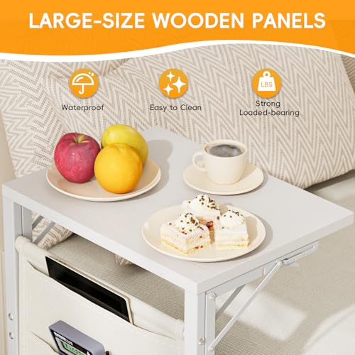 Image of Folding TV Tray Table, 28.8 inch Tall C-Shaped Side Table for Couch and Bed, Slide Under Sofa Side Desk with Storage Bag - Sturdy Metal Frame Tray for Living Room, Bedroom, Home & Office (White)