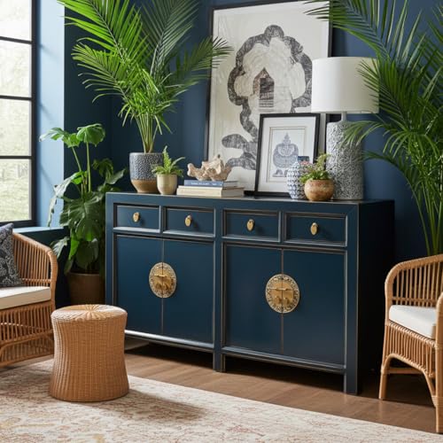 OPIUM OUTLET Commode chinoise Asia Meuble buffet asiatique Armoire orientale Buffet Buffet Armoire de mariage Vintage Entièrement assemblée Bleu foncé Bleu...