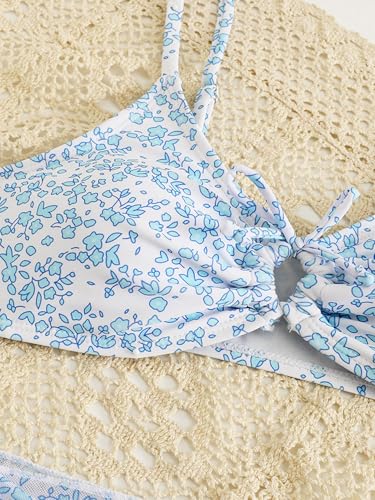 Image of Girl's 3 Piece Set Floral Print Bikini Bathing Swimsuit with Wrap Cover Ups Light Blue 12Y