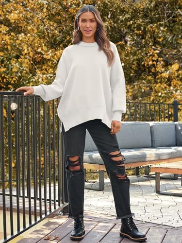 Image of LILLUSORY Women's Oversized Batwing Sweaters 2026 Fall Outfits Trendy Crewneck Knit Side Slit Fashion Pullover Tops