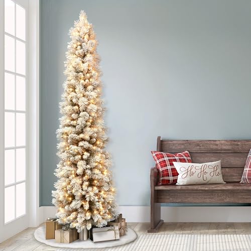 Puleointernational65footprelitflockedportlandpinepencilartificialchristmastreewith300ullistedclearlights Urban Country Home Decor Puleo international 65 foot pre lit flocked portland pine pencil artificial christmas tree with 300 ul listed clear lights urban country home decor