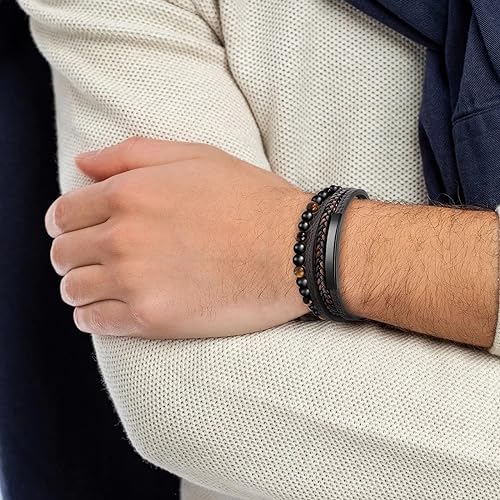 Leather Bracelet for Men, Adjustable Mens Leather Bracelet with Stainless Steel Magnetic Clasp Braided Mens Bracelets4