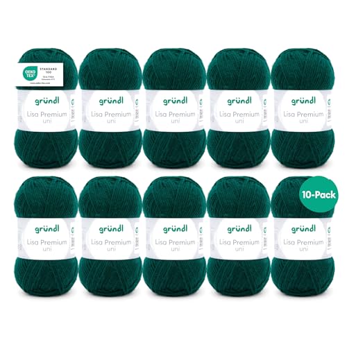 Gründl Wolle Lisa Premium uni - 10 x 50 g - Wolle zum Häkeln - Wolle zum Stricken - 100 % Polyacryl- Weich & Pflegeleicht- Nadelstärke 3,5-4,5 - Tannengrün