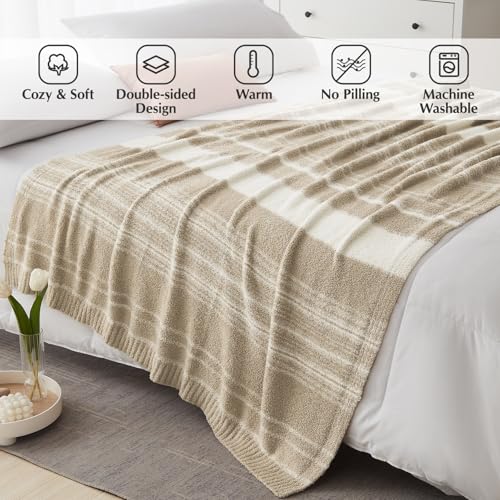 WRENGONGE Khaki Throw Blanket, 50x70 Soft Cozy Striped Throw Blankets for Couch, Sofa, Bed, Travel, Lightweight Fluffy Warm Plush Decorative Blankets for Women, Men,Kids Gift