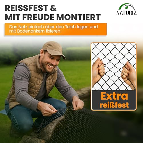 NATURIZ® Teichnetz & Vogelschutznetz robust - 15x15mm feinmaschig - UV & witterungsbeständig - Netz gegen Vögel, Laub & Teichschutz (3 x 4 m)