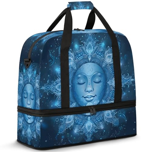 Large Weekender Overnight Bags Abstract Blue Mandala Human Face Travel Duffel Bag for Women Men Gym Bag With Shoe Compartment Foldie Travel Tote Bag Carry On Personal Item Bag for Travel Gym Sports
