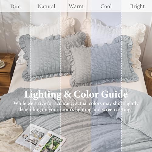 Image of JOLLYVOGUE Light Grey King Comforter Set, 3 Pieces Seersucker Comforters King Size, Lightweight & Fluffy Bedding Sets King for All Season with 1 Ruffle Comforter and 2 Ruffle Pillowshams