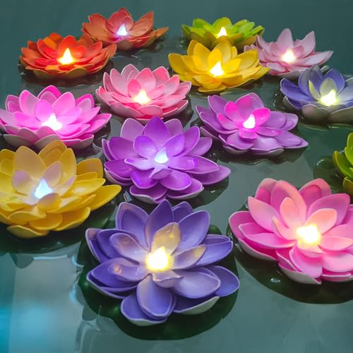 14 PCS Diwali Waterproof Floating Lotus Light - Floating Flower Light Battery Operated Water Activated Muiti-Color RGB Pool Flower Lamp Wedding,Anniversary,Mother's Day Easter Spring Garden Decoration